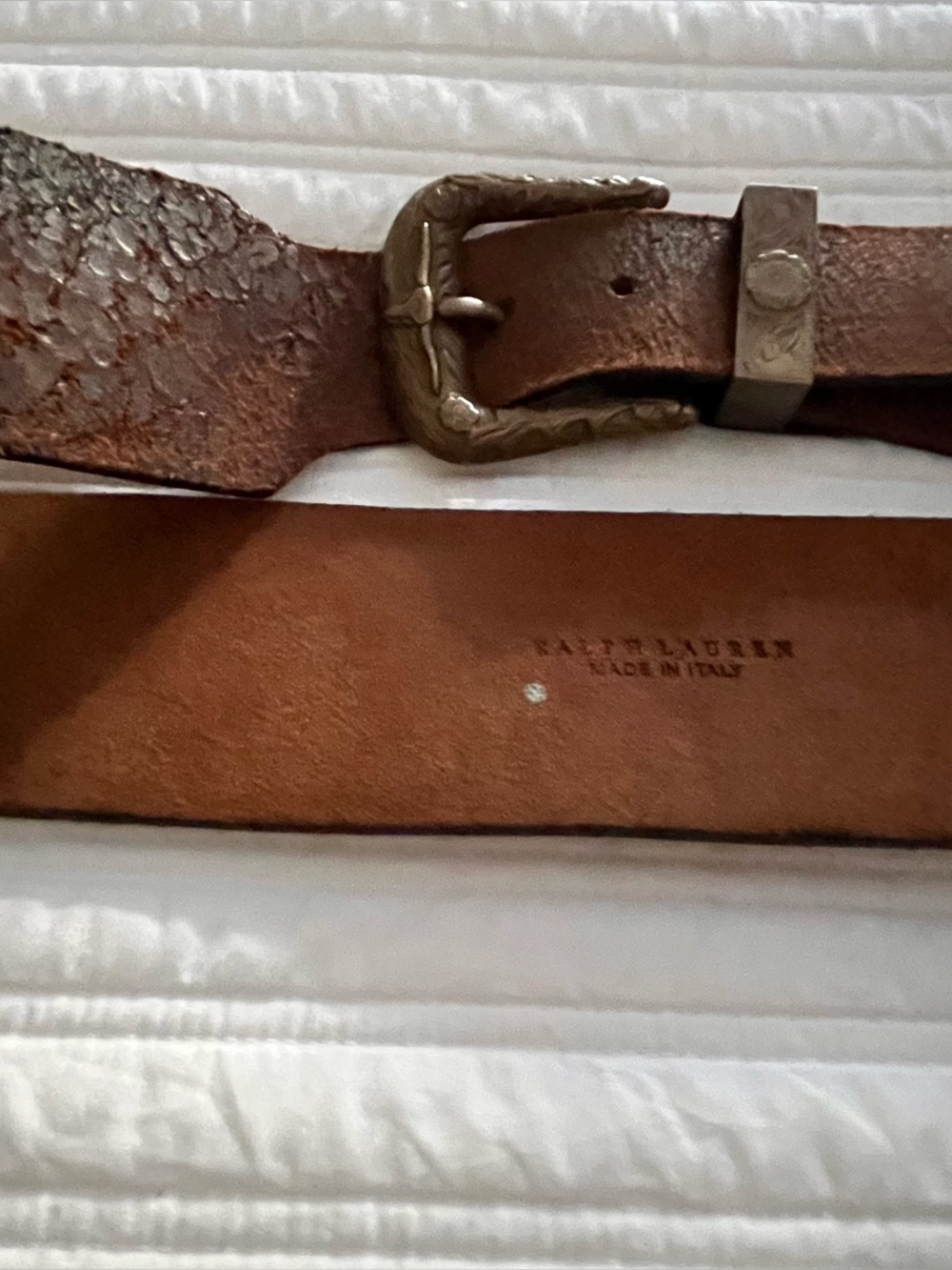 Ralph Lauren Distressed Brown Leather Belt with Decorative Brass Buckle
